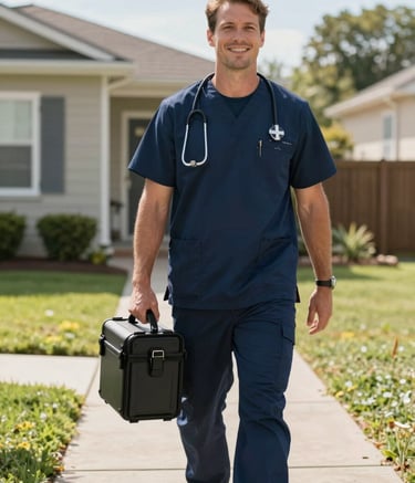 A professional clinician in a Navy Blue uniform carrying a specialized medical kit, walking towards a residential home during a sunny afternoon. The composition is bright and hopeful, emphasizing the convenience of mobile healthcare.