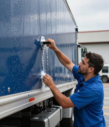 A close-up shot of a professional technician in Coastal Steel Blue uniforms washing the metallic exterior of a transport truck in a modern North American / US depot. The lighting is bright and crisp, highlighting water droplets against the Deep Deep-Sea Blue truck surface.