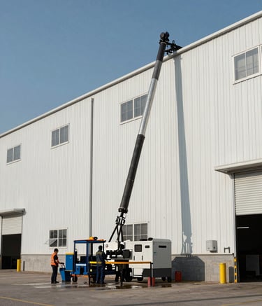 A wide angle shot of a massive steel industrial warehouse in a North American / US industrial park. Professionals are using specialized equipment to wash the Mist White siding under a clear, bright sky. The scene is efficient and modern.