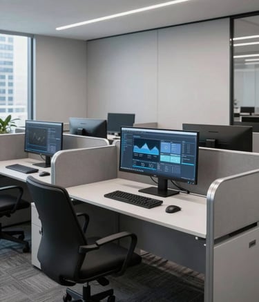 A modern, high-tech office interior in a North American / US city. High-end workstations with dual monitors are arranged in a clean, open layout. The style is professional and sophisticated with silver accents and light grey walls.