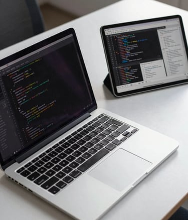 A close-up of a professional developer's desk in a North American / US office, featuring a sleek silver laptop and a tablet showing clean code and modern wireframes. The composition is clean and minimalist with soft morning light and a palette of light grey and silver.