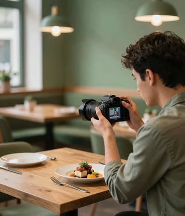 A behind-the-scenes shot of a content creator in a cozy, scandinavian-style restaurant. They are using a professional camera to photograph a chef plating a dish. The atmosphere is warm and authentic, with soft wood tones and matte green accents (#364E3F). Professional, professional-grade lighting setup visible in the corner.