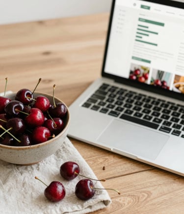 A high-angle flat lay shot of a modern food market table. A laptop showing social media engagement charts sits next to a rustic bowl of deep red cherries and a linen napkin. The lighting is soft and natural, emphasizing the textures of the wood and the organic produce. Subtle color palette of #FCF5EB, #364E3F, and #7C2020.