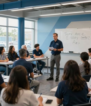 A professional emergency preparedness workshop in a modern community center in North American / US. An instructor is demonstrating safety procedures to a group of engaged citizens. The room is bright with steel blue and ice blue accents.