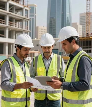 Professional engineers in reflective safety vests and white hardhats reviewing digital blueprints on a tablet at a modern industrial construction site in a Middle Eastern / Saudi Arabian city. The lighting is bright and natural, highlighting silver-grey steel structures in the background.
