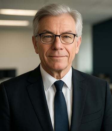 A professional portrait of a senior consultant in a modern North American office setting. They are wearing business attire, looking confident and approachable. The background is a slightly blurred workspace with off-white walls and dark blue accents.