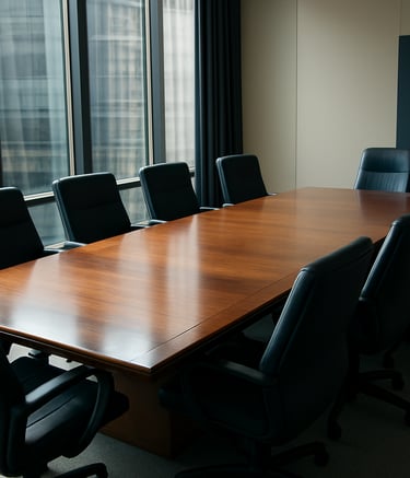 A high-angle photograph of a modern, sunlit North American boardroom with a polished wood table and ergonomic chairs. Soft light filters through floor-to-ceiling windows, reflecting a professional and reliable atmosphere with dark blue and off-white tones.