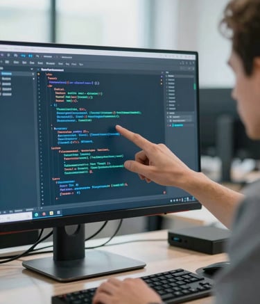 A close-up of a professional software engineer pointing at a monitor displaying complex testing scripts. The environment is a modern, sunlit tech office with sophisticated equipment. The lighting is bright and clean, incorporating the brand colors #367C89 and #1A202C in the digital interface and background furniture.