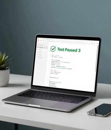 A sleek, minimalist digital workspace with a focus on a high-end laptop screen displaying a green 'Test Passed' checkmark and clean code. The atmosphere is professional and calm, with a palette of #1A202C and #367C89 accents in the room decor.