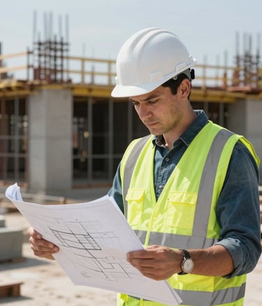 A medium shot of a male engineer in a white hard hat and safety vest reviewing architectural blueprints on a North American construction site. Background features steel framing and concrete structures in daylight.