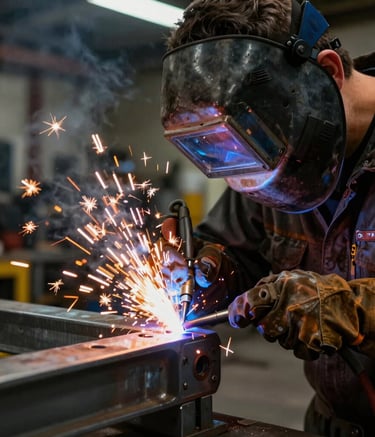 Close-up photography of a male welder performing precision work on a steel joint. Safety orange sparks flying against a dark, industrial workshop background. North American setting.