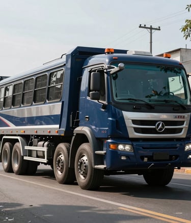 A powerful heavy-duty recovery truck towing a large commercial bus on an urban South American avenue, professional lighting, modern machinery, clean steel and navy blue palette.