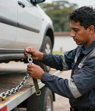 A detailed shot of a specialized towing technician in a professional uniform securing a vehicle with high-quality straps and chains, South American setting, reliable and precise work style.