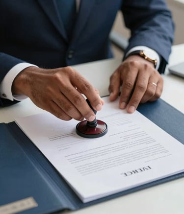 A close-up photograph of a South Asian / Indian legal professional's hands carefully placing a notary seal on an official rental agreement document. The setting is a clean, modern desk with a navy blue and white color palette, professional soft lighting.