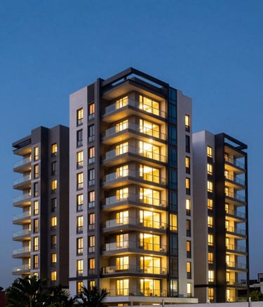A wide-angle photography shot of a contemporary residential apartment complex in Bangalore, Karnataka. The architecture is modern with glass balconies, shot during the blue hour with warm interior lights glowing against a deep sky blue backdrop.