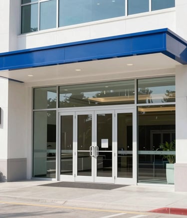 A sharp, detailed photograph of a luxury commercial facility entrance in North America. Clean architectural lines, expansive glass doors, pristine white surfaces, and professional cobalt blue accents. The atmosphere is sophisticated and impeccably clean.