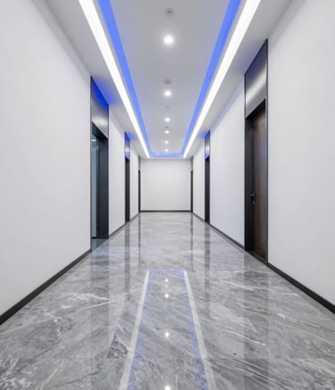 Professional photography of an empty, high-end North American office corridor. Polished grey marble floors, white walls, and elegant cobalt blue lighting accents. Modern, reliable, and impeccably clean.