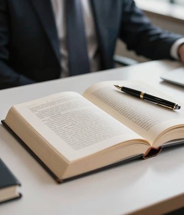 Close-up photography of a professional lawyer's workspace in a South American / Brazilian law firm, featuring a high-quality desk, a law book, and a fountain pen. Modern, clean, and professional atmosphere with soft lighting.