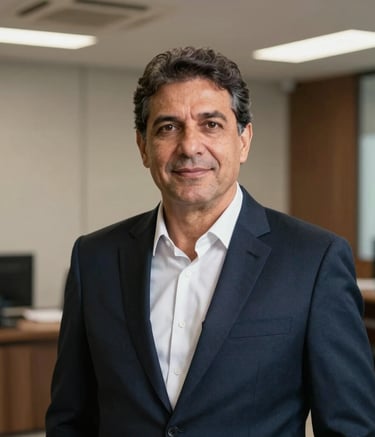 A realistic portrait of a professional lawyer around 50 years old, wearing a dark navy suit and white shirt, in a modern office environment in Cuiabá-MT. Professional lighting, South American / Brazilian context, trustworthy and experienced appearance.