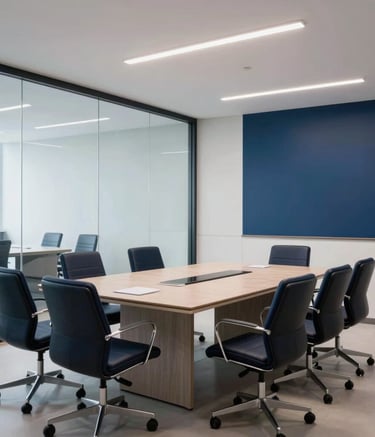 Interior of a modern legal meeting room in Brazil with glass walls and professional decor in shades of navy blue and white. Clean, bright, and highly professional South American / Brazilian corporate setting.