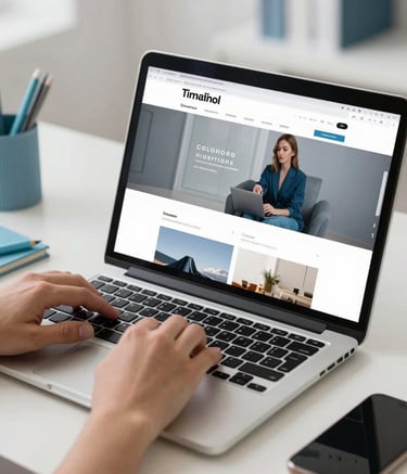 A close-up of a workspace where a creative designer is working on a high-end laptop. The screen shows a modern web design layout. The environment is a clean, bright South American studio with soft blue stationery and a minimalist desk setup. Professional, high-quality photography.