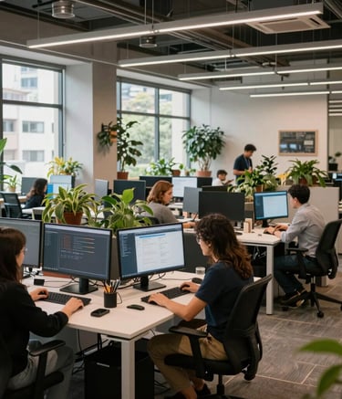 Wide shot of a modern, open-plan digital agency office in a South American urban center. The space is filled with plants, natural light, and people working at clean workstations with multiple monitors. The atmosphere is professional, quiet, and innovative.