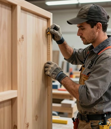 A close-up photograph of a skilled craftsman in a North American commercial site installing a custom wooden partition. The lighting is bright and professional, highlighting the precision of the carpentry. The worker is wearing modern safety gear and professional attire, representing craftsmanship and reliability in a high-quality renovation setting.