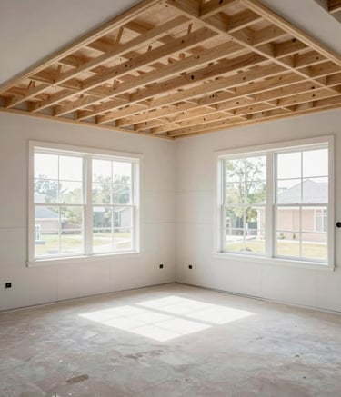 A wide-angle professional photograph of a modern residential interior in North American style under renovation. The shot features clean drylining on walls and the framework for a new suspended ceiling. Bright natural light floods the room from large windows, showcasing a tidy and efficient workspace.