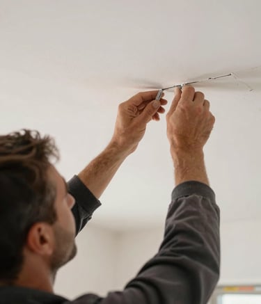 Close-up of a skilled craftsman in professional gear finishing a Pladur joint on a ceiling in a residential home in Northern Portugal, focused hands, natural soft lighting, off-white clean surroundings.