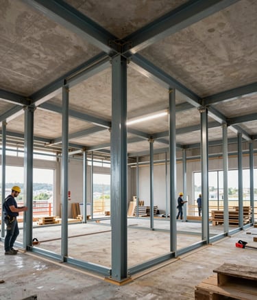 Wide shot of a large-scale construction site in Braga, Northern Portugal, showing the professional installation of metallic structures for Pladur in a new building, modern industrial lighting, steel blue and sage tones.
