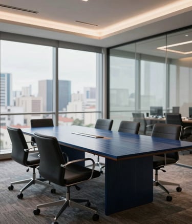 A professional South American / Brazilian office interior featuring a dark blue wooden meeting table, polished glass windows showing a blurred cityscape, and a clean atmosphere with soft focus. The scene is illuminated with modern recessed lighting, emphasizing efficiency and professionalism.