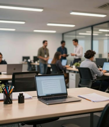 A wide photography shot of a modern, efficient Brazilian corporate office. Employees are seen in the background in a collaborative but quiet environment. The foreground shows an organized desk with professional stationery and a laptop.