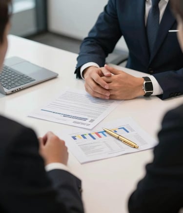 A sharp, professional photograph of a consultation meeting in a US office, focused on a sleek white table with financial documents and a gold pen, modern professional atmosphere.