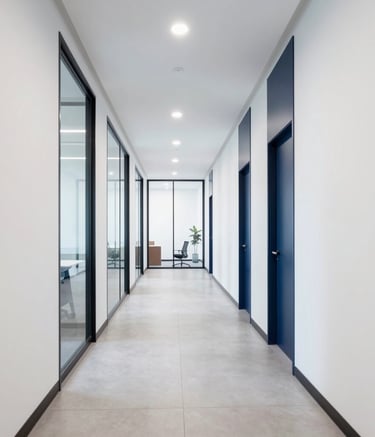 A bright and professional North American corporate office corridor with clean white walls and navy blue accents, large glass partitions, and sleek architectural lines.