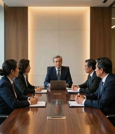 A group of South American / Ecuadorian legal executives in sharp, high-end business attire engaged in a strategic meeting within a minimalist corporate boardroom. The scene features deep navy and charcoal tones with warm golden highlights from architectural lighting, reflecting authority and luxury corporate style.