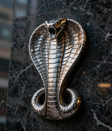 A close-up photograph of a metallic cobra emblem subtly integrated into a dark marble wall in a South American / Ecuadorian high-rise office. The lighting is dramatic and moody, with highlights of silver and deep gold, conveying vigilance and tactical precision.