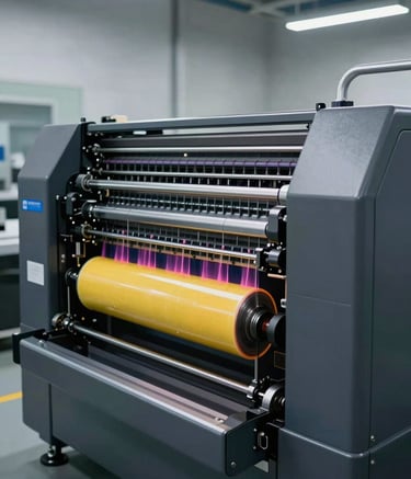 A high-end industrial offset printing machine in operation within a clean, modern Western European production facility. The lighting is crisp and professional, highlighting the precision of the machinery and vibrant ink rolls. Deep charcoal gray and corporate blue accents in the environment reflect a high-tech atmosphere.