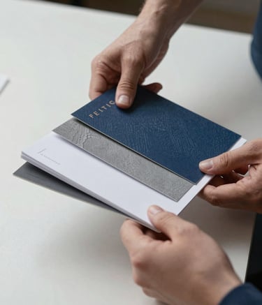 Close-up photography of professional hands reviewing a luxury brand style guide and high-quality printed paper samples on a minimalist desk. Professional Western European studio setting with soft natural light, featuring textures of premium paper and elegant slate blue branding elements.