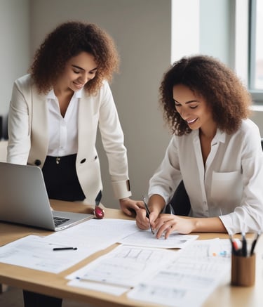A focused consultant reviewing contract documents with a client in a modern office.