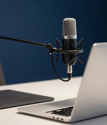 Close up of a high-tech modern workstation with a clean laptop and a professional microphone in a room with deep blue and soft off-white accents, cinematic lighting, sharp focus.