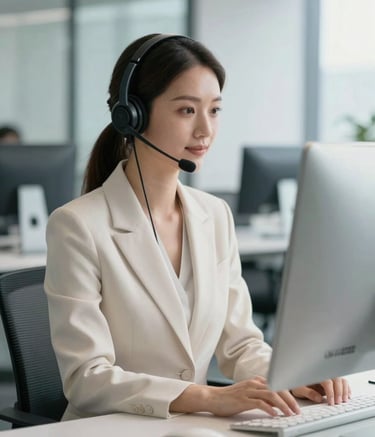 A professional woman in a modern office wearing a sleek headset, sitting in front of a computer, soft off-white and steel blue office decor, soft natural lighting.