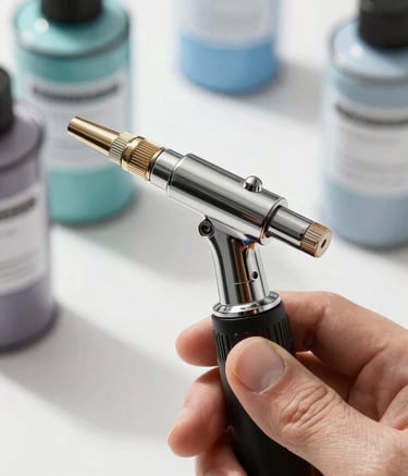 A close-up, high-detail photograph of a professional airbrush nozzle being held by a steady hand in a modern, sunlit North American studio. The background features blurred silhouettes of paint canisters in muted teal and light blue. The lighting is crisp and sleek, emphasizing the precision and craftsmanship of the tool.