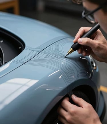 A master artist in a professional workshop setting in the US, applying intricate, thin-lined graphics to a sleek charcoal-colored automotive part. The lighting is focused and dramatic, highlighting the high-gloss finish and the sharp contrast between the light blue paint and the dark background.