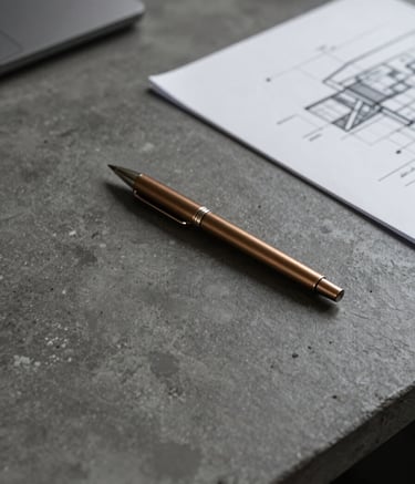 High-angle view of a professional, minimalist workspace surface made of dark polished concrete in anthracite #1A1C1E, featuring a single metallic bronze #B08D57 pen and architectural sketches, sharp lighting, authoritative atmosphere.