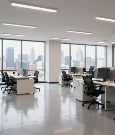 A wide-angle, bright photograph of a modern, sanitized office interior in Long Island City. The space features large windows, sleek desks, and impeccably clean floors, reflecting a corporate North American work environment.