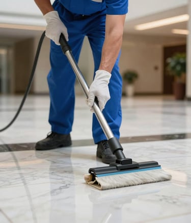 A close-up photograph of a professional cleaning technician in a blue uniform using high-grade equipment to sanitize a marble floor in a modern North American corporate lobby. The lighting is bright and clean, emphasizing a polished and professional environment.