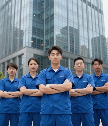 A group of professional cleaning staff in blue uniforms standing proudly and confidently in front of a modern glass skyscraper in Long Island City. The atmosphere is professional, corporate, and reliable.