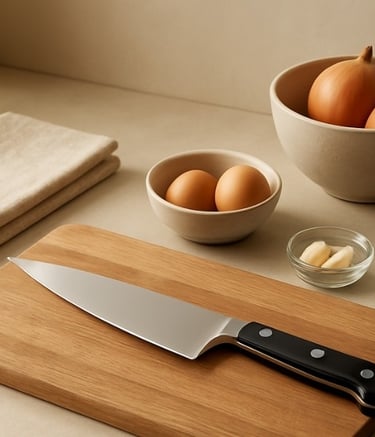 A chef's knife on a wooden cutting board with eggs, onions, garlic and flour arranged in bowls on a kitchen counter