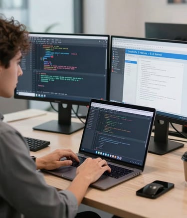 A focused professional in a modern North American co-working space working on a laptop with multiple monitors displaying web development tools and clean code, bright natural lighting, professional and innovative atmosphere with blue and slate grey accents.