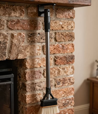 Close-up of a high-quality chimney inspection tool and a professional brush set inside a clean, well-maintained brick fireplace in a North American / US home. The lighting is warm and emphasizes the expertise and clean work process.